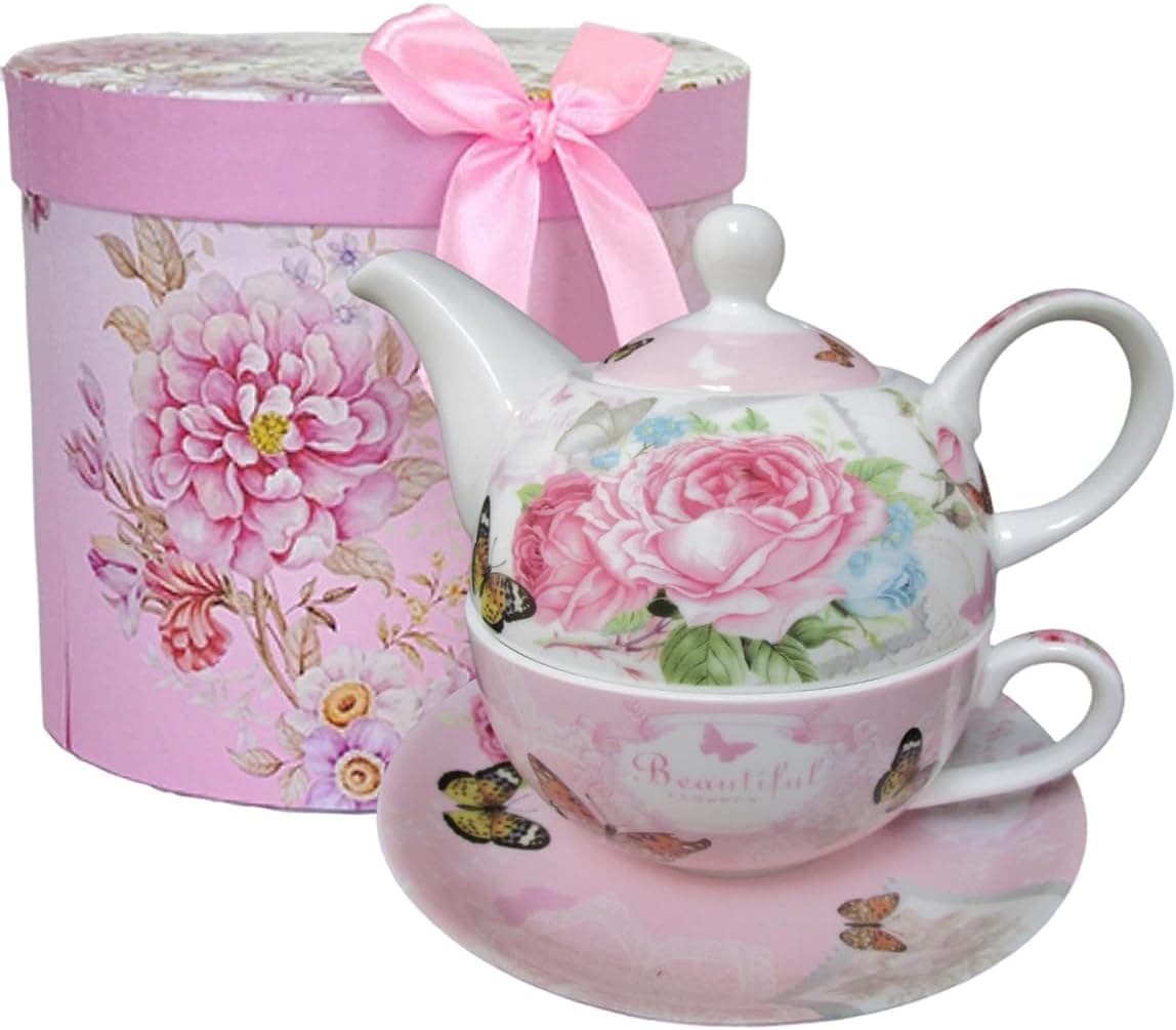 ONEUSTAR Tea for One Set Ceramic Floral Teapot and Cup Saucer Set, Pink Rose