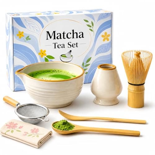 Matcha Set 7 Pcs, Matcha Kit with Whisk Set, Matcha Bowl and Whisk | Matcha Whisk Set for Beginners with Bamboo Whisk, Holder, Chashaku Scoop ,Sifterand Tea Towel for Home Tea, Lattes and Gifts.