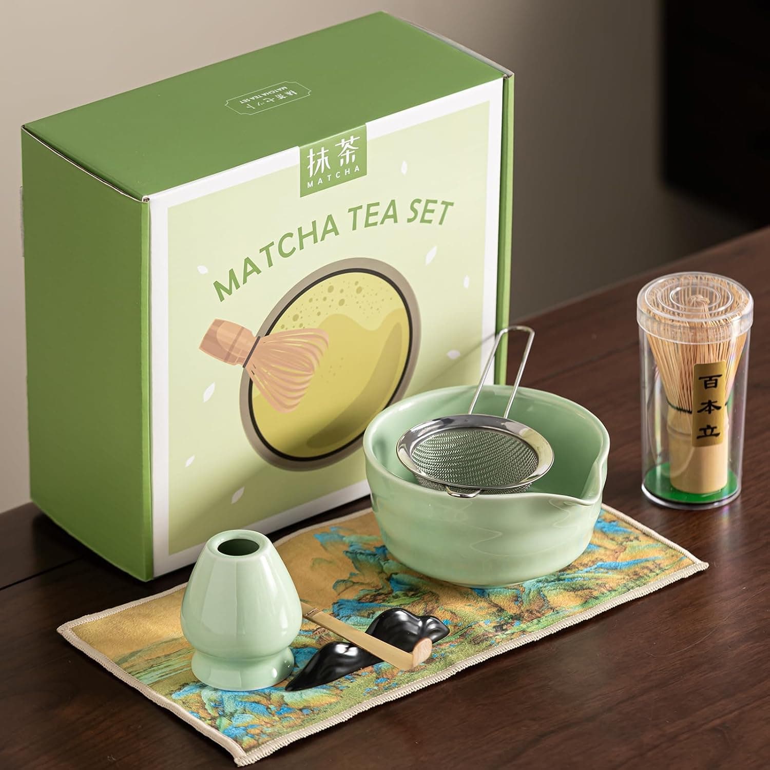 Matcha Whisk Set Starter Kit, 7Pcs Matcha Bowl Set - Bowl, Whisk and Holder, Bamboo Scoop, Sifter, Tea Towel (Green)