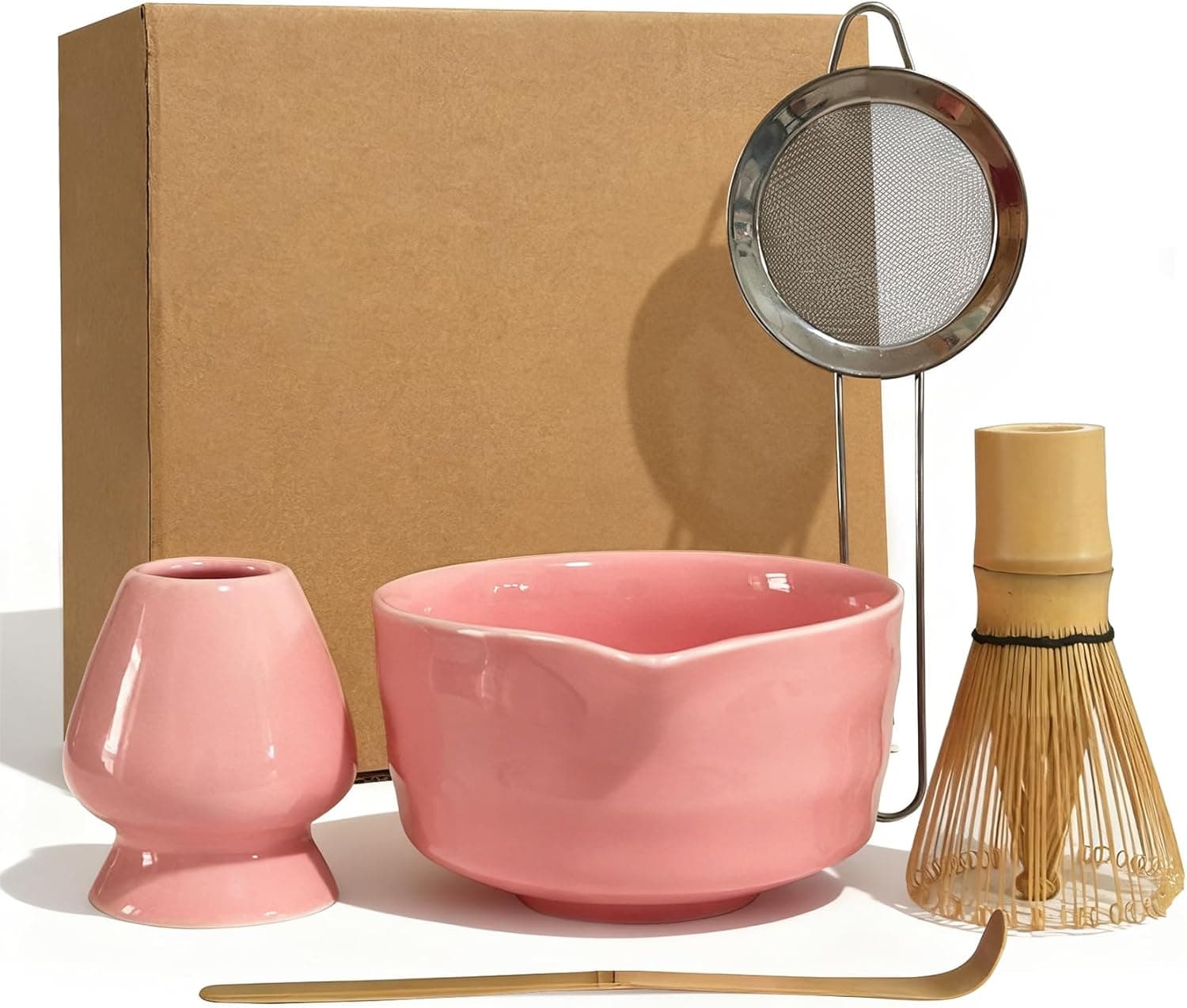 Matcha Whisk Set 5 pcs 18 oz Tea Making Bowl Kit Great for Starter (Pink)