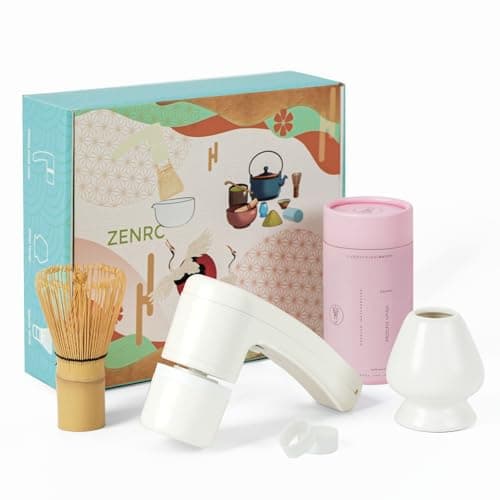ZENRC Matcha Mate Electric Powered Bamboo Whisk and whisk holder set, Traditional Ceremony Chasen - Powered Mocha Stirer - Nice Portable Maccha Set Gift Kit (Battery not included, White, set 3)