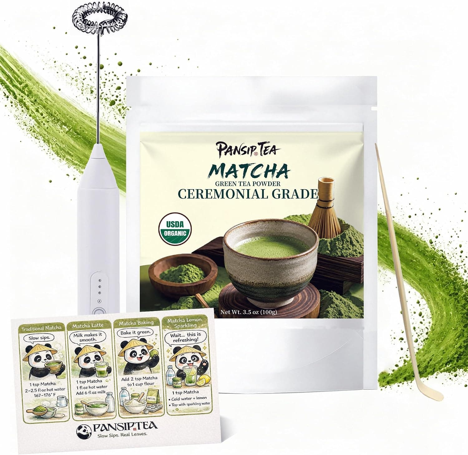 PanSipTea Organic Ceremonial Matcha Powder Starter Kit, 100g with Frother, Bamboo Scoop for Latte