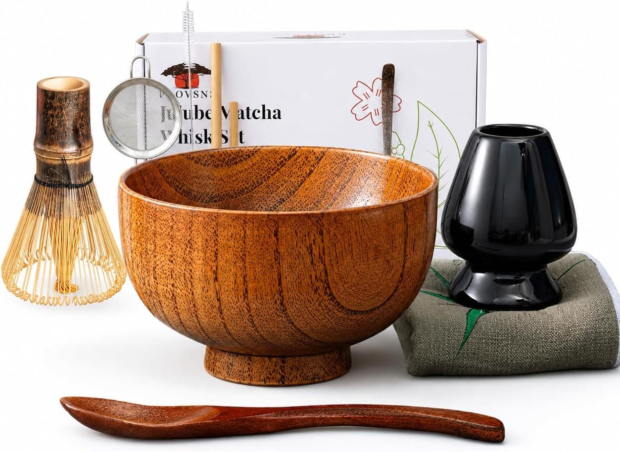 Matcha Whisk Set, Traditional Matcha Tea Kit with Bowl, Whisk & Accessories for Latte Preparation (Jujube Wood)