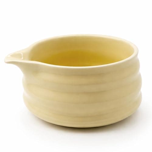 BlendWell Ceramic Matcha Bowl with Spout, Light Yellow Chawan Mixing Bowl for Whisking and Pouring Matcha Tea, Dishwasher Safe