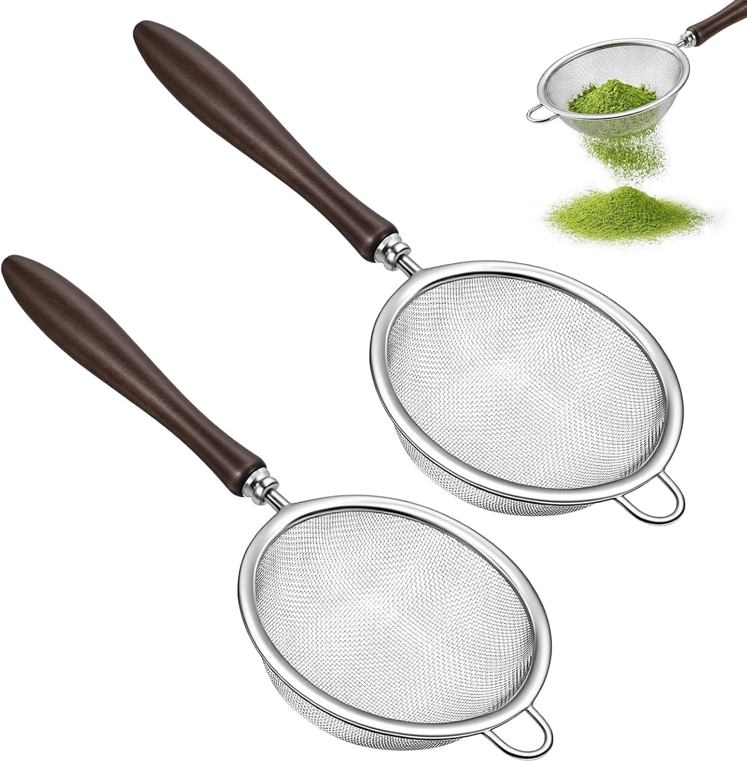 2Pcs Matcha Sifter, 30-Mesh Matcha Strainer with Wood Handle, Fine Mesh Stainless Steel, 3.15 Inch