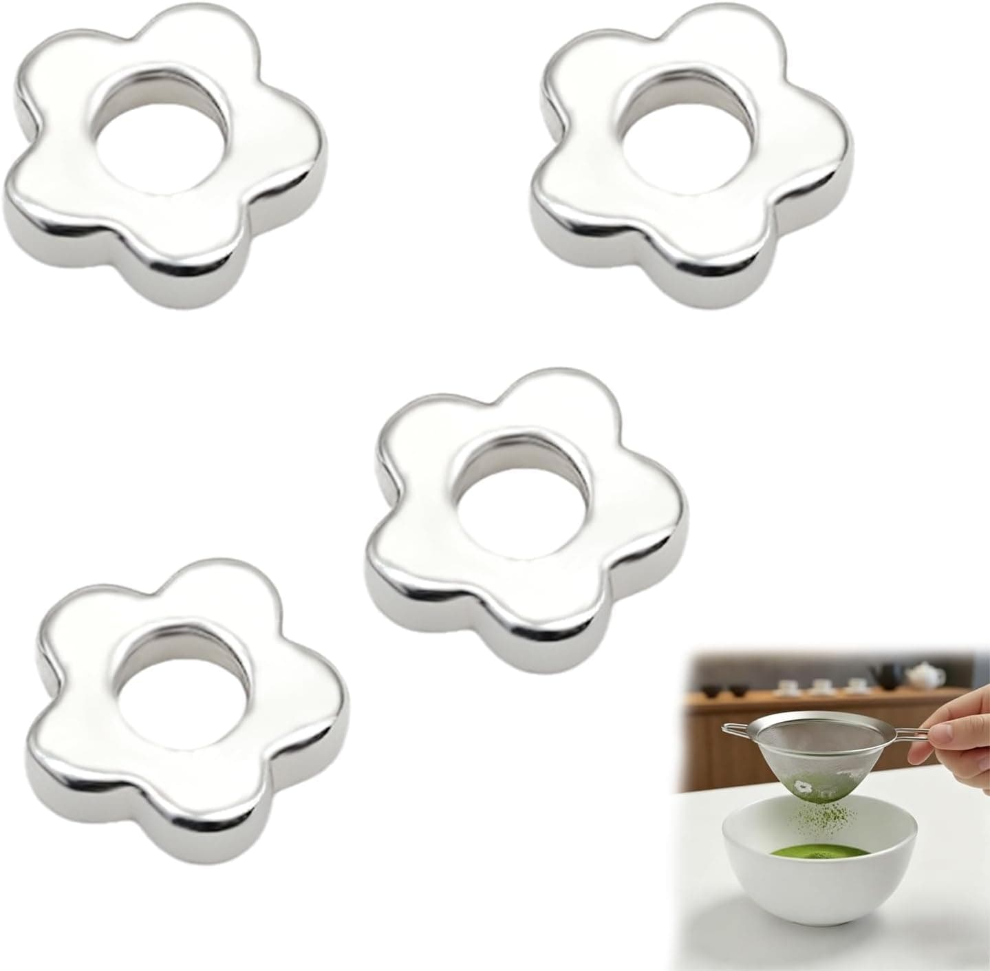 4pcs Matcha Sieve Flower-Shaped Fine Mesh Strainer Matcha Sifter Beads Stainless Steel for Tea Ceremony