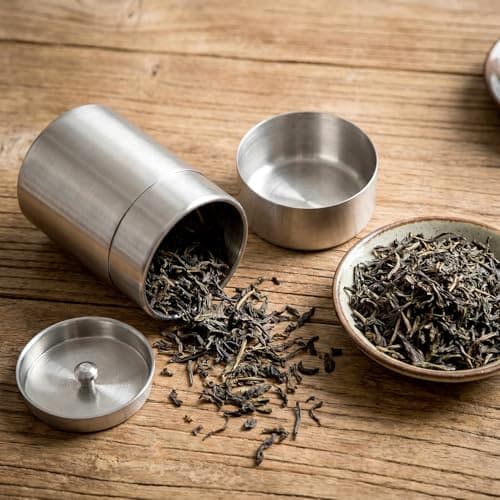 QWORK Stainless Steel Tea Canister, 15.2oz Airtight Metal Tea Tins with Double Lids - Heavy Duty Storage Container for Tea, Coffee Beans - Kitchen Pantry Organizer, 4.5 x 3.0 Inch