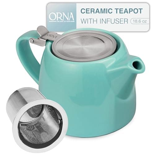 ORNA Ceramic Teapot with Tea Infuser - Small Tea Pot for Loose Leaf Tea - 550ml / 18.6 Oz Non-Stove Porcelain Teapot for 2 Cups with Tea Strainer (Turquoise)