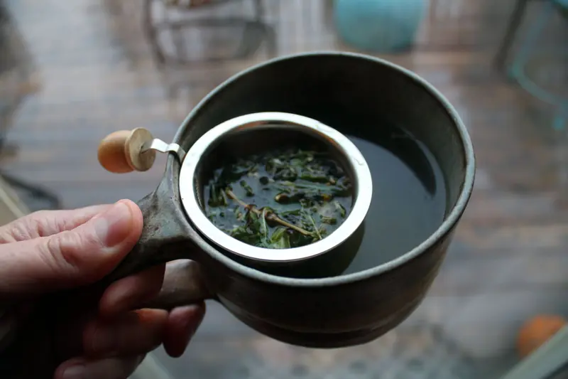 A hand holding a cup of green tea with a strainer, showcasing fresh tea leaves