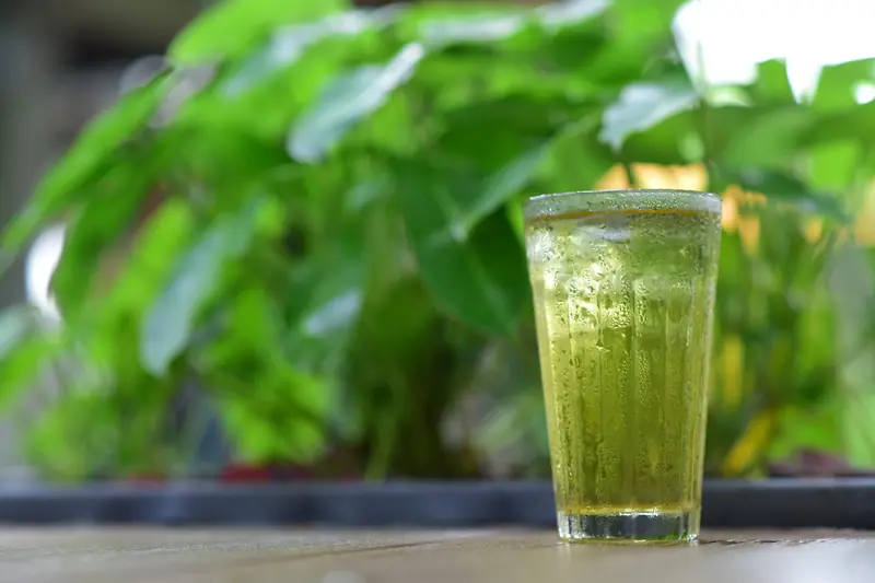 Chilled glass of matcha green tea with ice, set against a blurred green background